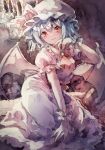 1girl absurdres ascot bat_wings blue_hair brooch hand_on_own_face hat hat_ribbon highres jewelry kamu_kotan kneeling mob_cap open_mouth red_ascot red_eyes remilia_scarlet ribbon short_hair smile solo touhou traditional_media watercolor_effect wings 
