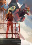  1girl animal_hat black_bodysuit black_hat bodysuit bodysuit_under_clothes cat_hat clayscence cloud commentary english_commentary evangelion:_3.0_you_can_(not)_redo evangelion_(mecha) eyepatch hand_in_pocket hat jacket long_hair looking_at_viewer mecha multicolored_clothes multicolored_jacket neon_genesis_evangelion orange_hair outdoors plugsuit rebuild_of_evangelion red_bodysuit red_jacket robot science_fiction shaded_face skin_tight solo souryuu_asuka_langley two-tone_bodysuit two-tone_jacket white_jacket 