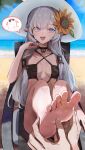  1boy 1girl absurdres alternate_costume beach bikini black_bikini blanc_(whit_blanc) blue_archive blush doodle_sensei_(blue_archive) feet flower foot_focus foot_massage grey_hair hair_flower hair_ornament halo hat highres himari_(blue_archive) looking_at_viewer outdoors pointy_ears pov pov_hands purple_eyes sensei_(blue_archive) sitting smile soles spoken_expression sun_hat sunflower sunflower_hair_ornament swimsuit toes 