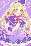  1girl blonde_hair blue_eyes bow bowtie braid brooch capelet commentary cowboy_shot cure_friendy dress dress_bow earrings flat_cap hairband hat heart heart_brooch highres inukai_iroha jewelry long_hair looking_at_viewer magical_girl mini_hat naka open_mouth outline petticoat pouch precure purple_background purple_bow purple_capelet purple_dress purple_hairband purple_hat red_bow red_bowtie short_dress smile solo standing tilted_headwear twin_braids twitter_username white_outline wonderful_precure! wrist_cuffs 
