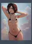  1girl absurdres armpits arms_behind_head arms_up ass_visible_through_thighs bikini black_bikini black_choker blue_sky breasts choker cloud collarbone covered_nipples cowboy_shot english_commentary godlem grey_eyes highres looking_at_viewer micro_bikini navel outdoors red_hair ribs ruby_rose rwby short_hair skindentation sky small_breasts solo stomach swimsuit 