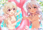  2girls :d bubble chloe_(epic_seven) chloe_(maidragon) chloe_(princess_connect!) chloe_von_einzbern chloe_withers dark_skin dripping fate/kaleid_liner_prisma_illya fate_(series) highres illyasviel_von_einzbern kneeless_mermaid kyunmofu mermaid monster_girl monsterification multiple_girls nude red_eyes smile wet yuri 