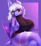 2024 absurd_res anthro arm_tuft artist_name avery_(averycoolbat) back_wings bat big_breasts big_pupils black_clothing black_nose black_sweater black_topwear blush breasts closed_smile clothed clothing countershade_fur countershade_torso countershading crossed_legs curvy_figure digital_media_(artwork) elbow_tuft eye_through_hair eyebrow_through_hair eyebrows eyeshadow female fingers fur gradient_background hair half-length_portrait hand_on_breast happy hi_res hourglass_figure huge_breasts justbirb looking_at_viewer makeup mammal markings membrane_(anatomy) membranous_wings meme meme_clothing mouth_closed multicolored_body multicolored_fur outline portrait pupils purple_body purple_fur purple_hair purple_outline shoulder_tuft side_boob simple_background sitting small_waist smile snout solo spots spotted_body spotted_fur sweater thick_thighs three-quarter_view topwear translucent translucent_hair tuft two_tone_body two_tone_fur virgin_killer_sweater wide_hips wings yellow_eyes