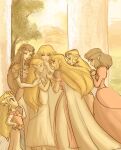  6+girls blonde_hair brown_hair commentary dress earrings finger_to_mouth highres holding_hands in-franchise_crossover jewelry long_dress looking_at_another marcat37328081 multiple_girls pink_dress pointy_ears princess_zelda sidelocks the_legend_of_zelda the_legend_of_zelda:_a_link_between_worlds the_legend_of_zelda:_breath_of_the_wild the_legend_of_zelda:_ocarina_of_time the_legend_of_zelda:_skyward_sword the_legend_of_zelda:_the_wind_waker the_legend_of_zelda:_twilight_princess the_legend_of_zelda_(nes) triforce white_dress 