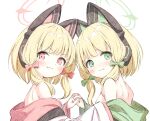  2girls animal_ear_headphones animal_ears blonde_hair blue_archive blush bow closed_mouth emimeku fake_animal_ears green_bow green_eyes green_halo halo headphones highres jacket looking_at_viewer midori_(blue_archive) momoi_(blue_archive) multiple_girls pink_halo red_bow red_eyes short_hair siblings simple_background sisters smile twins white_background white_jacket 