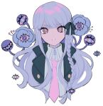  1girl azolitmin black_bow black_jacket blazer bow braid coattails collared_jacket collared_shirt commentary cropped_torso danganronpa:_trigger_happy_havoc danganronpa_(series) disembodied_eye english_commentary expressionless eyelashes flower hair_bow jacket kirigiri_kyoko long_hair looking_at_viewer necktie open_clothes open_jacket parted_lips pink_necktie purple_eyes purple_flower purple_hair shirt simple_background single_braid solo straight_hair teeth very_long_hair white_background white_shirt 