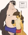  2022 anthro areola atimist belly big_bulge biped blue_clothing blue_underwear brown_body brown_fur brown_hair bulge calendar canid canine clothing countershade_fur countershade_torso countershading digital_drawing_(artwork) digital_media_(artwork) duo fox fur growth_sequence hair larger_anthro larger_male male mammal mosin mosin_(character) mustelid navel nipples otter overweight overweight_anthro overweight_male red_clothing red_underwear simple_background size_difference smaller_anthro smaller_male tail underwear white_background yellow_body yellow_fur 