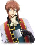  1boy artist_request ascot black_gloves blue_eyes brown_hair code_geass code_geass:_lost_stories cropped_torso cup drink dutch_angle game_cg gloves green_shirt half-closed_eyes happy high_collar holding holding_cup holding_drink jacket kannon_maldini looking_at_viewer male_focus medium_hair mug non-web_source official_art open_clothes open_jacket open_mouth shirt sidelocks simple_background smile solo standing transparent_background white_ascot white_jacket 