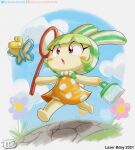 absurd_res animal_crossing anthro arthropod butterfly clothed clothing digital_media_(artwork) fan_character female flower fur green_hair hair hi_res insect jackintaro lagomorph lepidopteran leporid mammal net nintendo open_mouth pink_eyes plant rabbit solo tail yellow_body