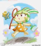  absurd_res animal_crossing anthro arthropod butterfly clothed clothing digital_media_(artwork) fan_character female flower fur green_hair hair hi_res insect jackintaro lagomorph lepidopteran leporid mammal net nintendo open_mouth pink_eyes plant rabbit solo tail yellow_body 