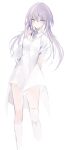  1girl arms_behind_back bare_shoulders closed_mouth dress grey_hair hair_between_eyes kneehighs looking_at_viewer lpip original short_sleeves simple_background single_kneehigh single_sock single_thighhigh socks solo thighhighs white_background white_dress white_socks white_thighhighs yellow_eyes 