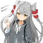  1girl absurdres alternate_costume amatsukaze_(kancolle) backpack bag bigkwl blush buttons closed_mouth dated grey_hair grey_jacket hair_tubes highres hood hood_down hoodie jacket kantai_collection long_hair long_sleeves looking_at_viewer one-hour_drawing_challenge orange_eyes simple_background solo twitter_username two_side_up upper_body white_background white_hoodie 