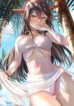  1girl bikini black_hair blue_sky blush breasts brown_eyes cleavage commentary_request covering_own_mouth hair_between_eyes hair_ornament hairclip halterneck haruna_(kancolle) haruna_kai_ni_(kancolle) headgear highres kantai_collection large_breasts long_hair looking_at_viewer miyazaki_yukichi navel official_alternate_costume outdoors palm_tree sarong sky solo swimsuit tree white_bikini white_sarong 