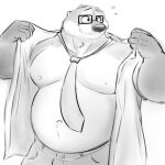  1:1 2023 5_fingers anthro belly biped bodily_fluids bottomwear clothed clothing digital_drawing_(artwork) digital_media_(artwork) fingers fur greyscale hi_res looking_away male mammal monochrome moobs mosin mosin_(character) mustelid necktie open_clothing open_shirt open_topwear otter overweight overweight_anthro overweight_male pants shirt sketch smile solo sweat sweatdrop topwear 