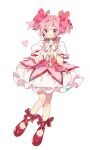 1girl ankle_bow blush_stickers bow bubble_skirt closed_mouth full_body gloves hair_bow heart highres interlocked_fingers kaname_madoka kawasaki_(kwsk_8765) knees_together_feet_apart looking_at_viewer magical_girl mahou_shoujo_madoka_magica mahou_shoujo_madoka_magica_(anime) own_hands_together pink_bow pink_eyes pink_hair puffy_short_sleeves puffy_sleeves red_bow red_footwear short_sleeves short_twintails simple_background skirt solo soul_gem twintails twitter_username white_background white_gloves 