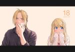  1boy 1girl bangs black_shirt blonde_hair blue_eyes blush closed_mouth collared_shirt drawstring edward_elric english_text eyebrows_visible_through_hair frown fullmetal_alchemist hanayama_(inunekokawaii) hand_on_own_face hands_on_own_face hetero highres hood hood_down hoodie letterboxed long_hair long_sleeves looking_away medium_hair older parted_bangs pink_shirt shirt sweatdrop white_shirt winry_rockbell yellow_eyes 