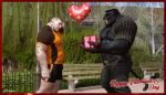 2018 abs ad-games anthro artist_name balloon belt bench big_penis black_body black_bottomwear black_clothing black_fur black_hair black_shorts bottomwear bow_ribbon bulge christopher_(ad-games) claws clothing duo fangs felid fence finger_claws fur genitals hair hand_behind_neck happy_valentine heart_balloon heart_symbol holding_present holidays human inflatable kerak male male/male mammal mohawk musclegut muscular muscular_anthro muscular_male orange_clothing orange_shirt orange_topwear pantherine park pecs penis pinstripe_clothing pinstripes plant sabertooth_(anatomy) shirt shorts teeth topwear tree unbuttoned_shirt valentine&#039;s_day vein veiny_muscles watermark