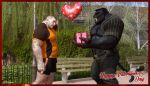  2018 abs ad-games anthro artist_name balloon belt bench big_penis black_body black_bottomwear black_clothing black_fur black_hair black_shorts bottomwear bow_ribbon bulge christopher_(ad-games) claws clothing duo fangs felid fence finger_claws fur genitals hair hand_behind_neck happy_valentine heart_balloon heart_symbol holding_present holidays human inflatable kerak male male/male mammal mohawk musclegut muscular muscular_anthro muscular_male orange_clothing orange_shirt orange_topwear pantherine park pecs penis pinstripe_clothing pinstripes plant sabertooth_(anatomy) shirt shorts teeth topwear tree unbuttoned_shirt valentine&#039;s_day vein veiny_muscles watermark 