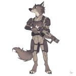  1:1 2020 ankle_tuft anthro armor barefoot belt bethesda_softworks body_armor bulletproof_vest canid canine canis cheek_tuft claws clothed clothing digitigrade facial_tuft fallout front_view hi_res holding_object holding_weapon laser_gun laser_rifle leg_tuft looking_away male mammal monochrome neck_tuft ranged_weapon samur_shalem sepia shoulder_guards signature simple_background solo standing toe_claws trigger_discipline tuft utility_belt vault_suit video_games weapon white_background wolf 