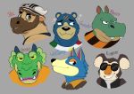  absurd_res ambiguous_gender animal_crossing anthro armor black_nose blue_body blue_eyes blue_fur bovid brown_body brown_clothing brown_fur brown_hair brown_topwear canid canine canis clothed clothing dinonugget_bird drago_(animal_crossing) dragon eugene_(animal_crossing) eyewear facial_hair fangs fur green_body green_scales grey_background grin groucho_(animal_crossing) group hair headgear headshot_portrait helmet hi_res hippopotamid horn koala looking_aside looking_at_viewer male_(lore) mammal marsupial multiple_images muzzle_(marking) nintendo orange_clothing orange_shirt orange_topwear pattern_clothing portrait rocco_(animal_crossing) scales shirt simple_background smile striped_clothing stripes sunglasses teeth text topwear ursid vest vic_(animal_crossing) video_games vombatiform white_clothing white_shirt white_topwear wolf wolfgang_(animal_crossing) 