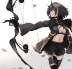  1girl absurdres armored_boots arrow_(projectile) between_fingers black_choker black_coat black_gloves black_hair black_skirt blurry boots bow_(weapon) breasts breasts_apart bruise choker coat compound_bow cowboy_shot crop_top gloves highres holding injury kisaki_oni large_breasts looking_away midriff miniskirt multicolored_hair navel no_bra oni_horns open_clothes open_coat original outstretched_arm pleated_skirt revealing_clothes short_hair skirt solo stomach streaked_hair thigh_boots thighhighs weapon white_background yellow_eyes zettai_ryouiki 
