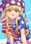  1girl absurdres american_flag_dress american_flag_legwear blonde_hair breasts clownpiece dress fairy fairy_wings fuuzasa hat highres jester_cap long_hair open_mouth pantyhose polka_dot polka_dot_headwear purple_hat red_eyes short_sleeves small_breasts solo star_(symbol) star_print striped_clothes striped_dress striped_pantyhose touhou wings 