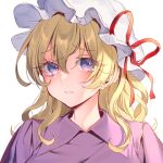  1girl blouse closed_mouth commentary hat kaede_(mmkeyy) long_hair looking_at_viewer maribel_hearn mob_cap puffy_short_sleeves puffy_sleeves purple_eyes purple_shirt red_hat red_ribbon ribbon shirt short_sleeves simple_background solo symbol-only_commentary taboo_japan_disentanglement touhou wavy_hair white_hat white_shirt 