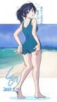  1girl adjusting_clothes adjusting_swimsuit ass beach blue_hair blush breasts day full_body green_one-piece_swimsuit highres kantai_collection ld_(luna_dial398) looking_at_viewer looking_back ocean one-piece_swimsuit open_mouth ribbon sand short_hair signature souryuu_(kancolle) swimsuit twintails water 