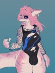  3:4 anthro balls black_sclera blue_eyes breasts bulge clothed clothing fish genitals gynomorph hair hi_res intersex marine non-mammal_breasts penis pink_body pink_hair rtr shark simple_background solo swimwear teeth thick_tail thick_thighs torn_clothing 
