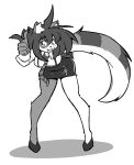 2024 anthro bottomwear breasts clothing cute_fangs digital_media_(artwork) domestic_cat felid feline felis female footwear hair inner_ear_fluff leaning leaning_forward mammal megazone23 monochrome necktie open_mouth shoes simple_background skirt smile solo tuft white_background