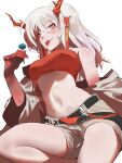  1girl arknights bandeau bare_shoulders belt blush breasts brown_coat brown_shorts candy closed_mouth coat colored_skin fang fang_out feet_out_of_frame food grey_hair hand_up highres holding holding_candy holding_food holding_lollipop horns lollipop long_hair looking_at_viewer medium_breasts midriff navel nian_(arknights) off_shoulder pointy_ears ponytail raneblu red_eyes red_skin short_shorts shorts sidelocks skin_fang solo tongue tongue_out twitter_username white_background 