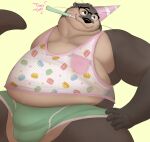  2023 anthro belly big_belly big_bulge biped brown_body brown_fur bulge clothing digital_drawing_(artwork) digital_media_(artwork) fur green_clothing green_underwear hand_on_hip hat headgear headwear hi_res looking_away male mammal moobs mosin mosin_(character) mustelid onomatopoeia otter party_hat pattern_clothing pattern_topwear shirt simple_background solo sound_effects standing tail tank_top text thick_thighs topwear underwear 