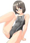  1girl absurdres black_hair black_swimsuit blue_eyes breasts collarbone competition_swimsuit covered_navel cowboy_shot glasses highres leg_up looking_at_viewer one-piece_swimsuit original simple_background sitting small_breasts solo swimsuit takafumi white_background 
