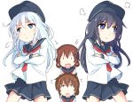  4girls akatsuki_(kantai_collection) anchor_symbol black_eyes black_headwear black_sailor_collar black_skirt blue_eyes brown_hair commentary_request crossed_arms flat_cap folded_ponytail hat hibiki_(kantai_collection) ikazuchi_(kantai_collection) inazuma_(kantai_collection) kantai_collection long_hair multiple_girls neckerchief okitarou_(okiyo) pleated_skirt pout purple_eyes red_neckwear sailor_collar school_uniform serafuku short_hair silver_hair simple_background skirt white_background 