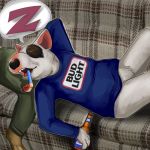  1:1 80&#039;s_theme advertisement alcohol anthro beverage bull_terrier canid canine canis domestic_dog drinking hunting_dog male mammal mascot mort_(artist) party partying spuds_mackenzie terrier unconscious 