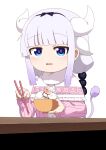  1girl black_bow blue_eyes blush bow bowl capelet chopsticks commentary_request fried_egg fuka_(kantoku) hair_bow highres holding holding_bowl holding_chopsticks horns jacket kanna_kamui kobayashi-san_chi_no_maidragon long_sleeves looking_at_viewer medium_bangs neck_fur open_mouth pink_jacket rice rice_bowl short_hair sidelocks simple_background solo tail tamagokake_gohan upper_body white_background white_capelet white_horns 