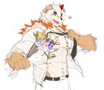  1boy abs arknights bara belt black_belt black_necktie bouquet colored_tips english_commentary fangs flower furry heart holding holding_bouquet horns hung_(arknights) komainu_boy komainu_ears looking_at_viewer male_focus multicolored_hair muscular muscular_male navel necktie nipples open_mouth pants pectorals run_(arun_six) shirt single_horn smile undone_necktie weibo_logo weibo_watermark white_background white_pants white_shirt yellow_eyes 