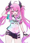  1girl ahoge belt fang fingerless_gloves gloves grace_(sound_voltex) hair_ornament highres hip_vent horns long_hair morita_(pixiv31883607) pink_hair print_shirt purple_eyes shirt short_sleeves solo sound_voltex t-shirt thighs twintails very_long_hair white_background wristband 