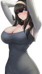  1girl absurdres arisugawa_ya black_hair blue_eyes blush breasts cleavage collarbone covered_navel dongtan_dress dress grey_dress groin_outline hair_between_eyes hairband highres idolmaster idolmaster_cinderella_girls large_breasts long_hair long_sleeves looking_at_viewer meme_attire pencil_dress sagisawa_fumika solo taut_clothes taut_dress 