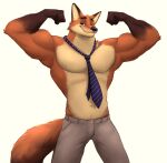  2023 absurd_res anthro biceps biped blue_necktie bottomwear canid canine clothed clothing digital_drawing_(artwork) digital_media_(artwork) disney eyebrows flexing flexing_bicep flexing_both_biceps fox front_view fur gloves_(marking) green_eyes grey_bottomwear grey_clothing grey_pants hi_res looking_at_viewer male mammal markings mosin muscular muscular_anthro muscular_male navel necktie nick_wilde orange_body orange_fur pants pecs red_fox simple_background smug solo standing tail topless topless_anthro topless_male true_fox white_background zootopia 