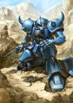  absurdres commentary_request dagger day desert glowing glowing_eye gouf ground_shatter gundam highres holding holding_dagger holding_knife holding_weapon horns knife looking_at_viewer mecha mecha_focus mobile_suit mobile_suit_gundam mountain no_humans on_one_knee outdoors painting_(medium) red_eyes robot science_fiction shield shoulder_spikes single_horn solo spikes traditional_media valley watercolor_(medium) weapon youkoumori 