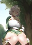  1girl absurdres belt breasts flower forest hair_flower hair_ornament highres kokkoro_(princess_connect!) large_breasts looking_down nature pointy_ears princess_connect! shadow short_hair silver_hair sitting smile solo thick_thighs thighs tree tree_stump uru_(uru0000) 