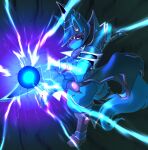 anthro black_body black_fur blue_body blue_fur canid canine claws clothed clothing cosplay crossover dark_magician digitigrade duel_monster female fur generation_4_pokemon hi_res looking_at_viewer lucario male mammal nintendo nyufluff pokemon pokemon_(species) simple_background solo tail yu-gi-oh!