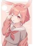  1girl animal_ears blush cardigan hinata_mizuiro long_sleeves neckerchief off_shoulder one_eye_closed ootori_emu open_mouth pink_eyes pink_hair project_sekai rabbit_ears rabbit_girl rubbing_eyes school_uniform serafuku short_hair solo tearing_up 