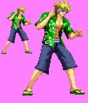 1boy abs bare_arms blonde_hair clenched_hand collared_shirt commentary_request fighting_stance floral_print full_body green_shirt grey_shorts hands_up lowres mummy-e open_clothes open_shirt pink_background shirt short_hair short_sleeves shorts simple_background solo spiked_hair standing sunglasses toaru_majutsu_no_index toaru_majutsu_no_index:_old_testament toned toned_male tsuchimikado_motoharu 