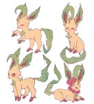  brown_eyes charamells closed_eyes commentary creature english_commentary facing_viewer full_body gen_4_pokemon leafeon lying no_humans on_stomach pokemon pokemon_(creature) simple_background sitting standing white_background 
