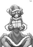  1girl :d animal_ears arachne box christmas claws eyepatch fur fur_trim gift gift_box greyscale hat horns incoming_gift insect_girl looking_at_viewer lutherniel monochrome monster_girl monster_girl_encyclopedia one_eye_covered open_mouth paws pom_pom_(clothes) santa_costume santa_hat signature simple_background slit_pupils smile solo spider_girl ushi-oni_(monster_girl_encyclopedia) white_background yellow_eyes 
