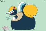  2024 animal_crossing anthro belly belly_expansion belly_inflation big_belly big_butt bloated blue_body blue_ears blue_tail bottomwear butt butt_expansion clothing colored container digital_media_(artwork) expansion flat_colors green_background groan hat headgear headwear huge_belly huge_butt hyper hyper_belly immobile inflation inflation_fetish kicks_(animal_crossing) male mammal mephitid motion_lines multicolored_tail nintendo open_mouth orange_inner_ear orange_nose pants pizza_box reathe red_eyes red_mouth side_view simple_background skunk solo suspenders swelling tail tan_clothing tan_topwear topwear white_tail yellow_bottomwear yellow_clothing yellow_hat yellow_headwear yellow_pants 