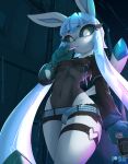  anthro black_clothing black_legwear black_tights bottomwear breasts can clothing container cropped_jacket eeveelution female generation_4_pokemon glaceon hi_res hotpants legwear looking_down night nintendo outside pokemon pokemon_(species) rilex_lenov shorts small_breasts solo thick_thighs thigh_strap tights 
