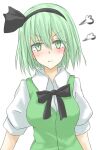  1girl :t alternate_hair_color angry black_hairband black_ribbon breasts collared_shirt commentary_request green_eyes green_hair green_vest hair_between_eyes hair_ribbon hairband konpaku_youmu light_blush long_hair looking_at_viewer medium_breasts neck_ribbon pout puff_of_air puffy_short_sleeves puffy_sleeves ribbon shirt short_sleeves simple_background solo takemitsu-zamurai touhou upper_body vest white_background white_shirt 